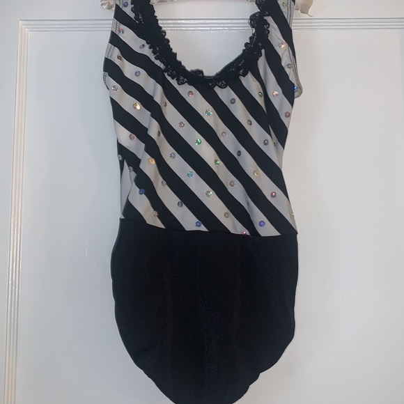 Dansco Leotard MC Black & White w/ Pink Sequin Trim Blue Ribbon EUC Dance - Picture 9 of 14